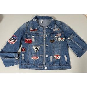 Blue Denim Distressed Punk Patches Jean Jacket Coat Cardigan Size L ⛓️ #jacket
